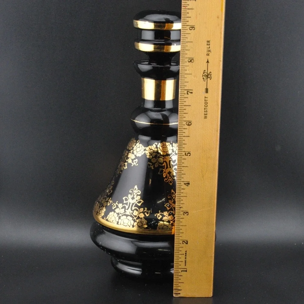 Vintage Italian Amethyst Glass Decanter Set‎ 7pc Black Gold Floral Excellent